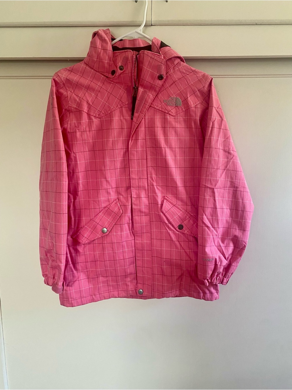The North Face Girls' Pink Grid Hooded Rain Jacket